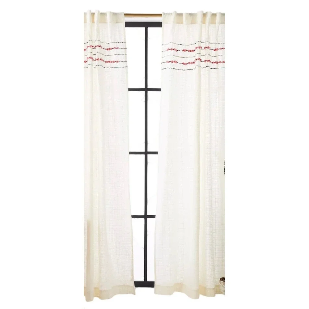 Anthropologie Embroidered Pom Pom Curtain Panel Pair Cream Ivory 50x96 Boho‎